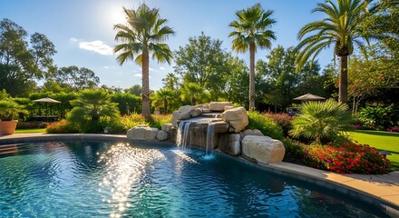 Fototapeta premium Beautiful Poolside Oasis with Waterfall Feature.