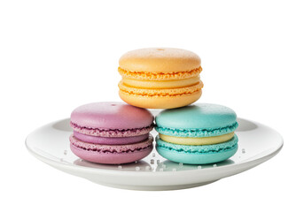 Isolated macarons stacked attractively, sweet confectionery dessert treat on a plate, candy