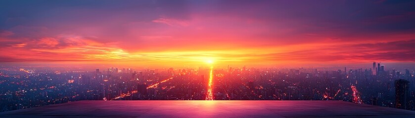 Obraz premium A vibrant sunset paints the sky with intense colors over a sprawling city skyline viewed from an empty platform