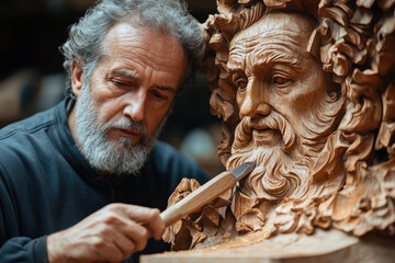 A man carving a wooden face.