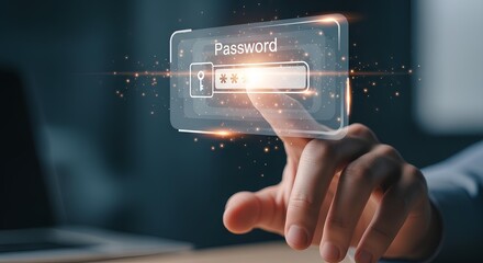 A hand touches a holographic screen displaying a password entry field with a lock icon, representing digital security.