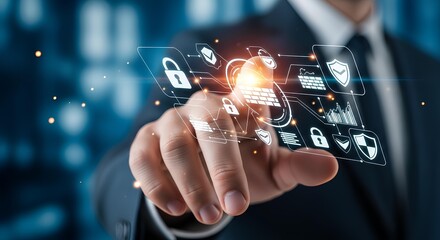 A man in a suit interacts with a digital interface displaying security icons and data visualizations, highlighting cybersecurity and technology.