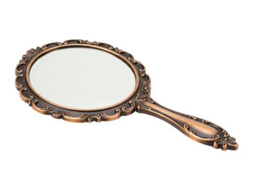 Isolated vintage handheld mirror with decorative bronze frame on seamless backdrop