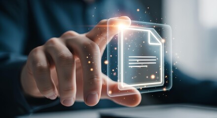 A person holds a glowing, transparent digital file icon between their fingers, representing data, documents, or information technology.