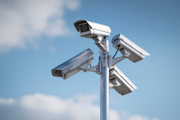 Four security cameras are attached to a pole in an outdoor location under a blue sky with white clouds.