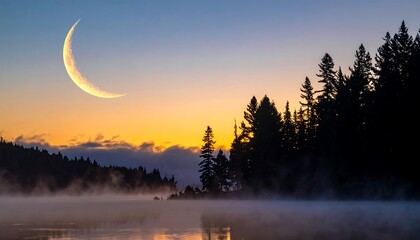 Serene Crescent Moon Over Misty Lake and Forest at Sunset.