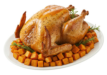 Isolated roasted turkey on platter, garnished with rosemary and sweet potato cubes, ready to eat