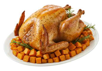 Isolated roasted turkey on platter, garnished with rosemary and sweet potato cubes, ready to eat