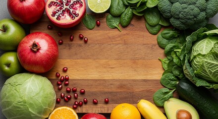 Fresh Fruits and Vegetables on Wooden Board