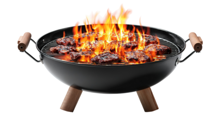 Traditional Wood-Fired BBQ Grill with Juicy Steaks Cooking Over Open Flames