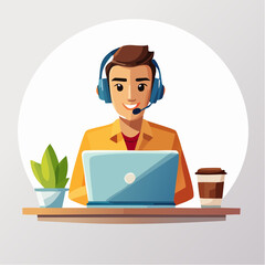 Cheerful customer service professional wearing a headset, providing online support and technical assistance from a modern workspace. Ideal for helpdesk, contact center, or virtual assistant concepts