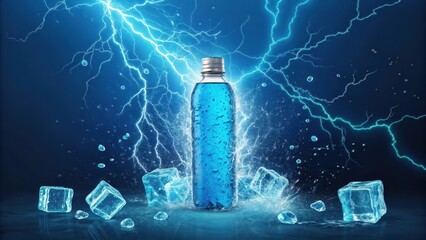 Glowing Blue Drink Splash with Ice and Lightning Effect
