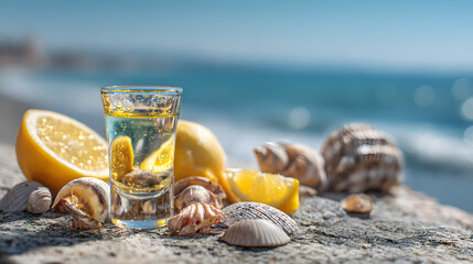 B 52 layered shot with orange slices and seashells by the sea