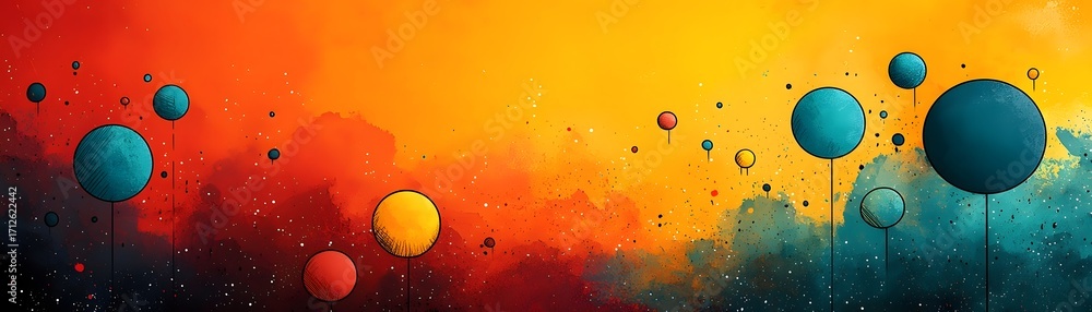 Poster abstract cosmic scene with vibrant colorful planets and spheres floating against a gradient backgrou