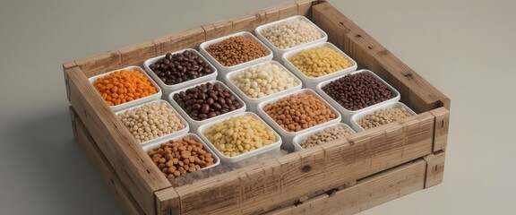Wooden Crate with 12 Containers of Beans, Nuts, and Seeds | 3D Render.  12 square boxes