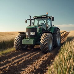 Fototapeta premium Green tractor driving on dirt road through wheat field 