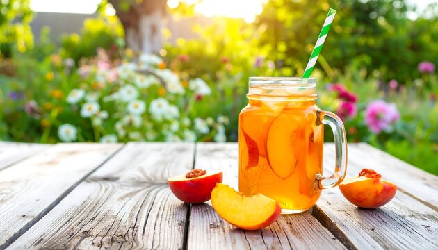 Peach iced tea in a glass jar outdoors