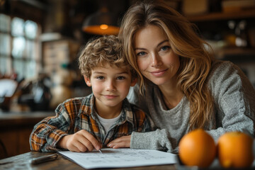 Mother and son reading a book together.