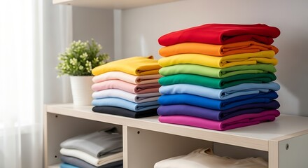 Neatly Stacked Colorful Tshirts on Shelf.