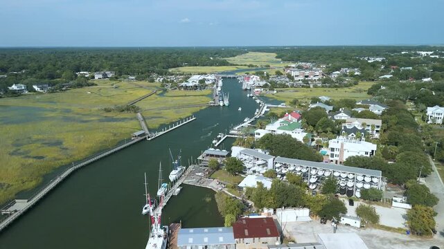 Aerial view of Shem Creek in Mount Pleasant South Carolina during the day. 