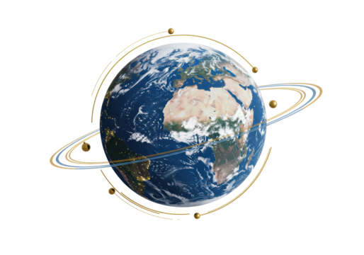 Isolated Earth with golden orbiting rings, visualization for environment or global concept