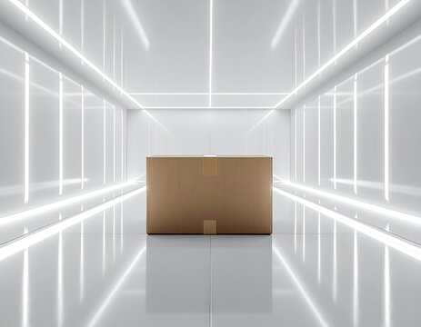 A cardboard box sits in a bright, white, futuristic hallway with glowing lines, creating a sense of delivery or storage. - Powered by Adobe