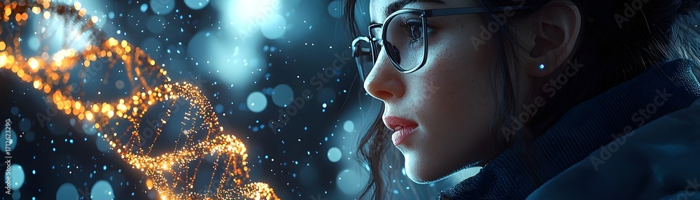Poster a scientist in profile examines a glowing digital dna helix projection representing advanced genetic