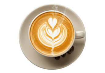 Isolated coffee beverage with latte art and beans on saucer in studio lighting