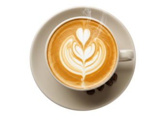 Isolated coffee beverage with latte art and beans on saucer in studio lighting