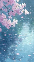 桜 さくら 木 花びら 咲く 水 湖 はる 春 日本 アニメ风 背景 壁紙