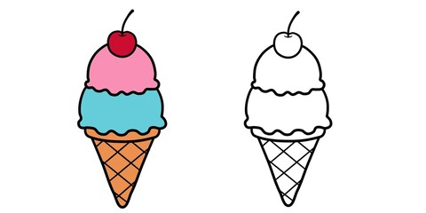 Sweet Double Scoop Ice Cream Cones Colorful and Outline Illustrations