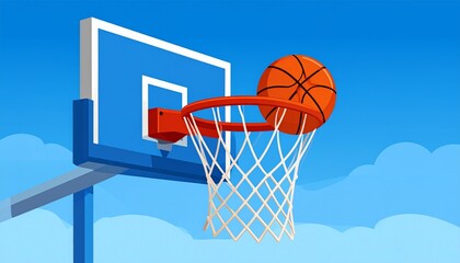 Basketball hoop with ball about to go through the net against a blue sky