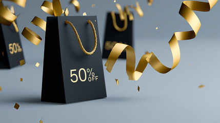 Black Friday sale with fifty percent off promotion on elegant shopping bags