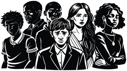 Diverse vector illustration of people in different business and fashion poses, in a row