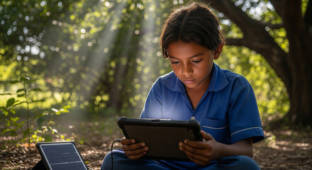 Children Sitting Under Canopy of Trees Attending Solar-Powered Digital Lesson