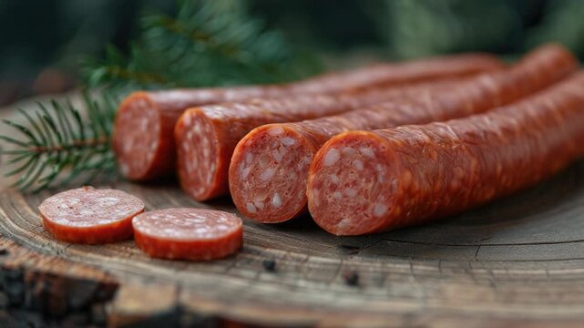 A juicy sausage perched on top of a rustic tree stump, perfect for a camping or outdoor-themed
