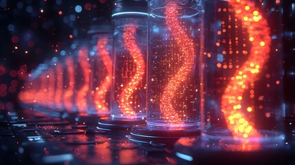A row of futuristic glowing DNA tubes containing swirling red energy or genetic material in a dark high tech laboratory setting