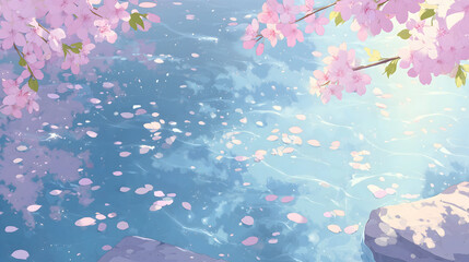 桜 さくら 木 花びら 咲く 水 湖 はる 春 日本 アニメ风 背景 壁紙