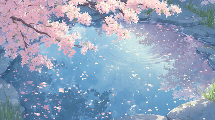 桜 さくら 木 花びら 咲く 水 湖 はる 春 日本 アニメ风 背景 壁紙