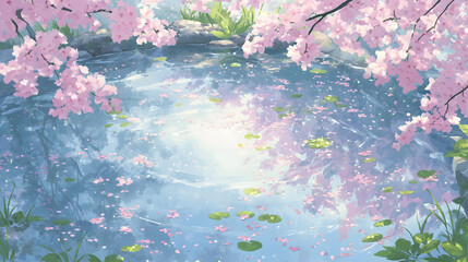 桜 さくら 木 花びら 咲く 水 湖 はる 春 日本 アニメ风 背景 壁紙