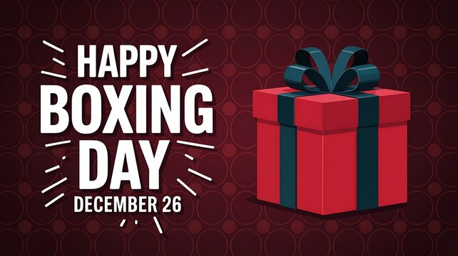 Happy boxing day december 26th with a festive red gift box and celebratory text on a dark background