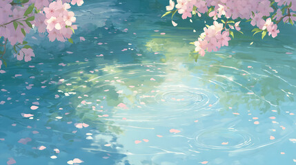 桜 さくら 木 花びら 咲く 水 湖 はる 春 日本 アニメ风 背景 壁紙