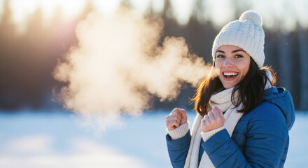 A happy young woman smiles in the cold winter weather, her breath visible in the frosty air. Portrait of a person enjoying the outdoors in the snow. Copy space