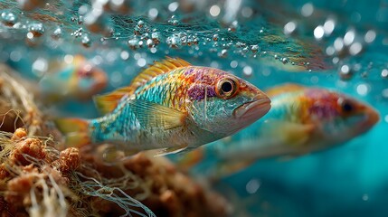 Fototapeta premium Vibrant Colorful Fish in Clear Underwater Scene with Bubbles