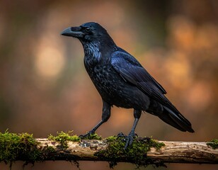 Obraz premium Raven perched on a mossy branch