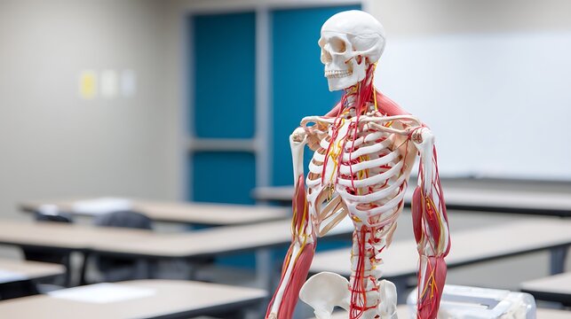 Anatomical model of the human body in a classroom with desks and whiteboard