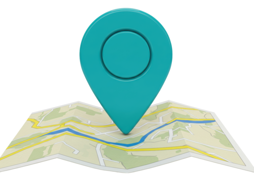 Isolated teal map marker on a paper folding city plan to pinpoint an exact location