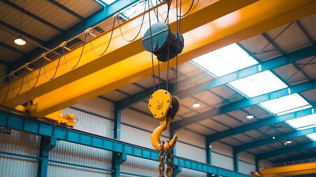 Industrial overhead crane with heavy duty hook and pulley system suspended from a factory ceiling structure