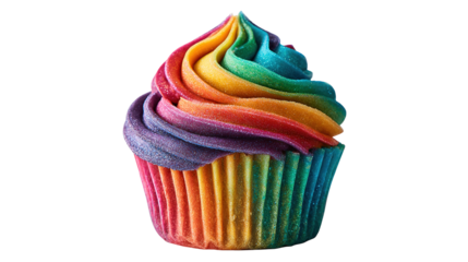 Cupcake. Birthday cupcake with cherry on top. Happy Birthday. Tasty baking cupcakes, cake or muffin with white cream icing, frosting. Bakery, confectionery. Purple cup liners. Isolated background