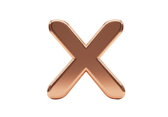 Isolated copper-toned X mark for design, glossy cross symbol to indicate cancellation or failure